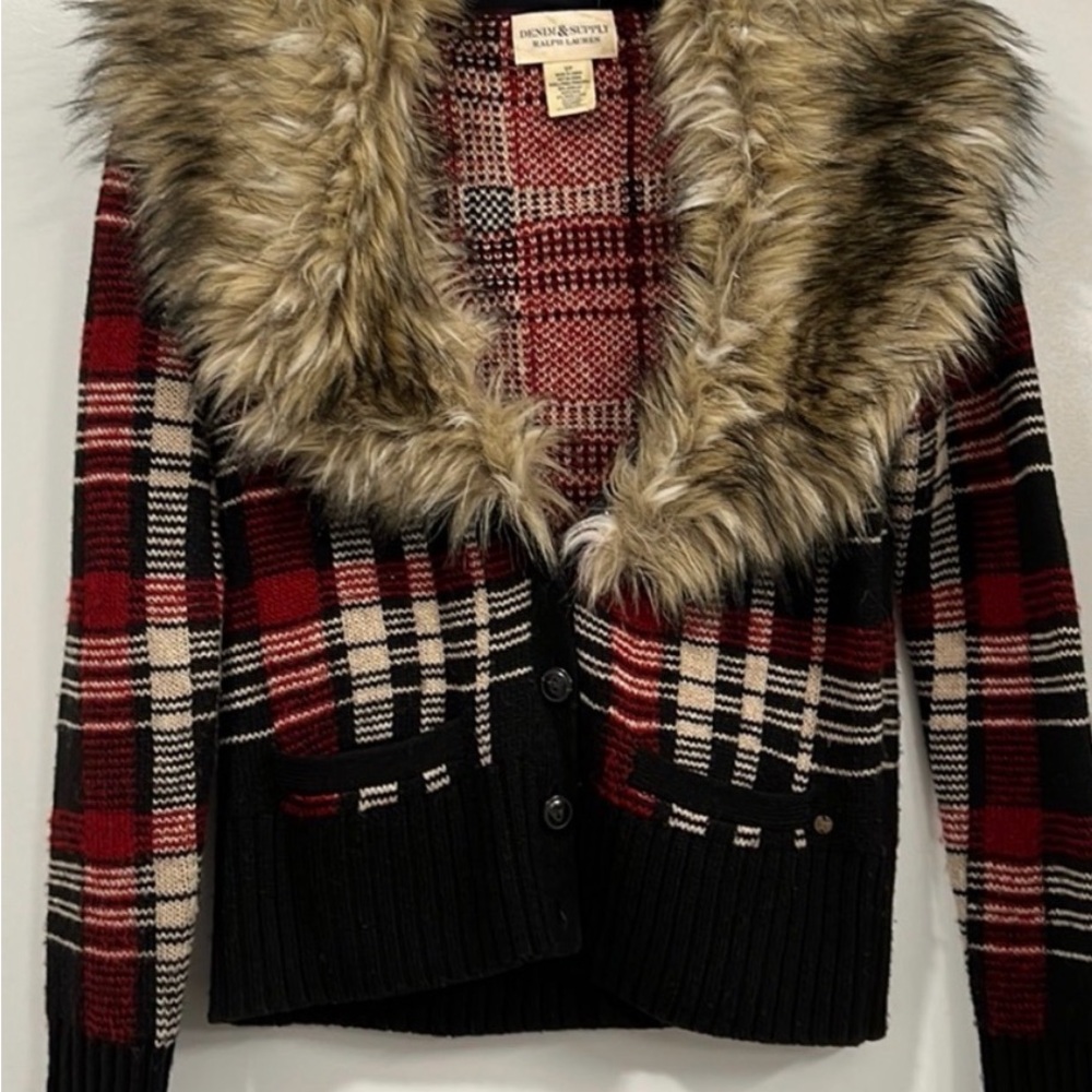 Denim Supply Sweater Women Med Cardigan Removable Faux Fur Collar Ralph Lauren